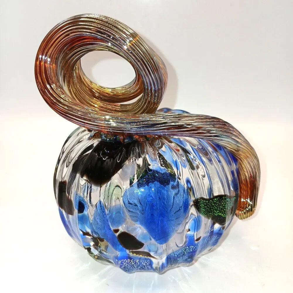 Studio Art Glass Signed Hand Blown  Pumpkin Sculpture Blue Black & Gold 5 in